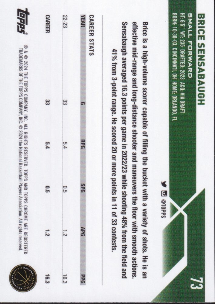 2023-24 Topps Chrome Basketball (NBA) #73 Brice Sensabaugh Base (RC) Rookie Card