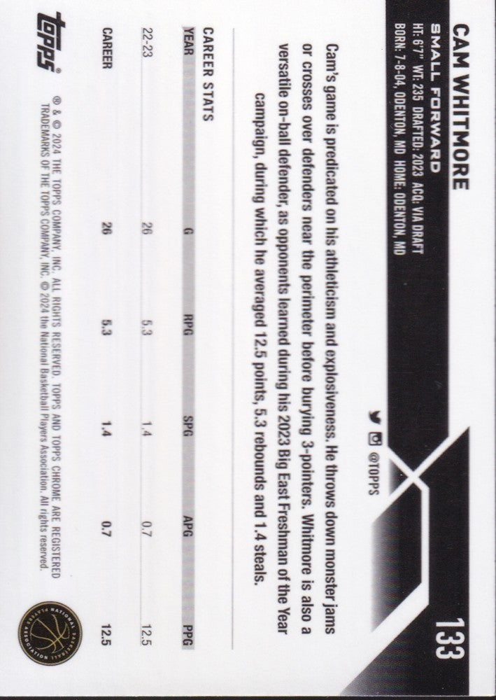 2023-24 Topps Chrome Basketball (NBA) #133 Cam Whitmore Base (RC) Rookie Card