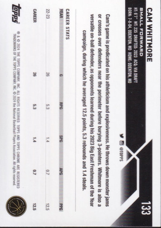 2023-24 Topps Chrome Basketball (NBA) #133 Cam Whitmore Base (RC) Rookie Card