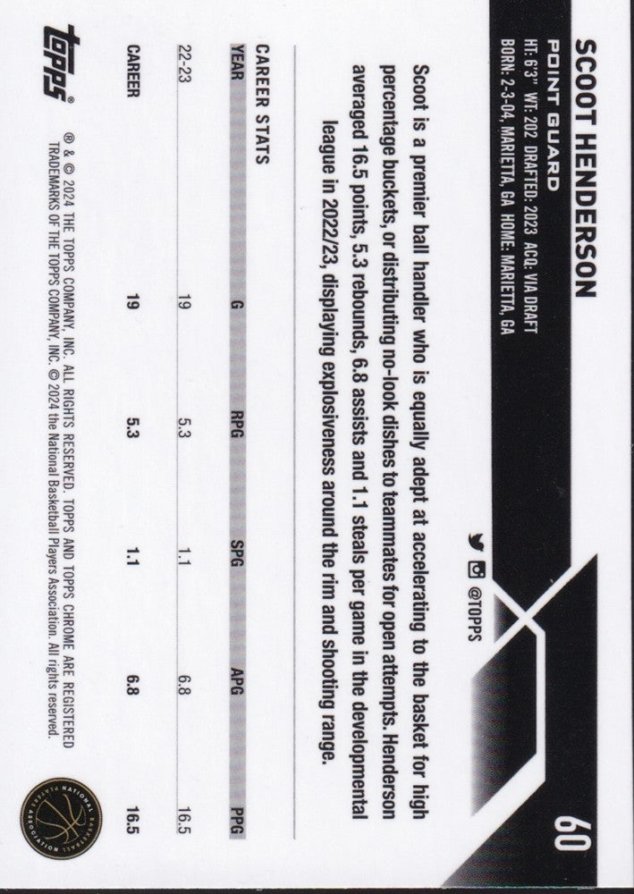 2023-24 Topps Chrome Basketball (NBA) #60 Scoot Henderson Base (RC) Rookie Card