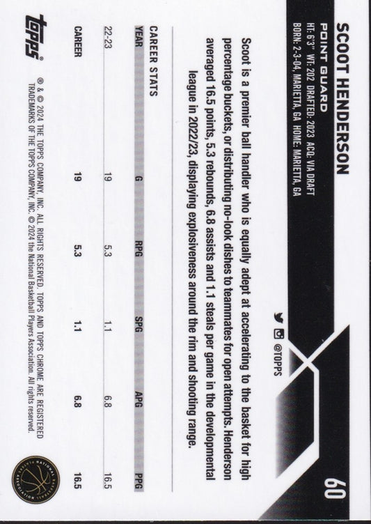 2023-24 Topps Chrome Basketball (NBA) #60 Scoot Henderson Base (RC) Rookie Card