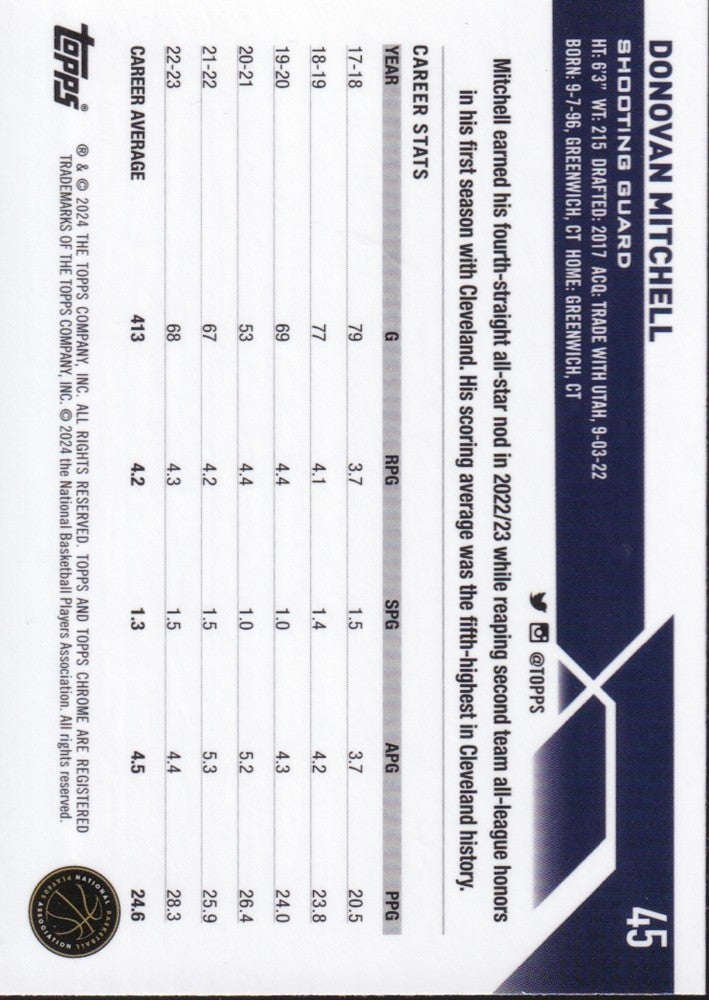 2023-24 Topps Chrome (NBA) Blue Basketball Refractors Card #45-Donovan Mitchell