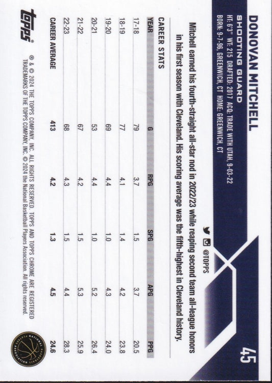 2023-24 Topps Chrome (NBA) Blue Basketball Refractors Card #45-Donovan Mitchell