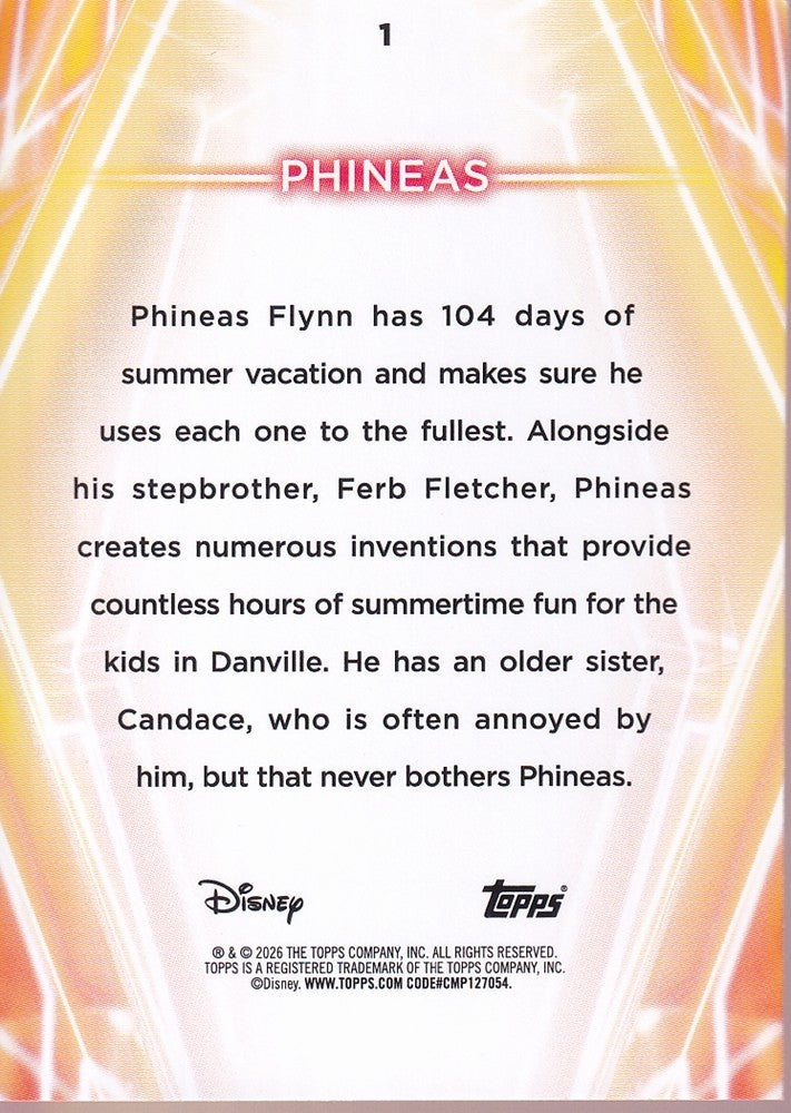 2026 Topps Disney Neon Rainbow Foil #1 Phineas